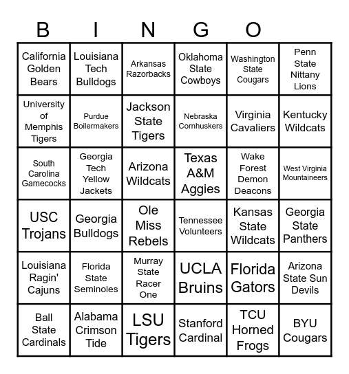 College Football Teams Bingo Card