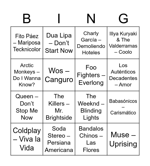 Bingo Musical Bingo Card