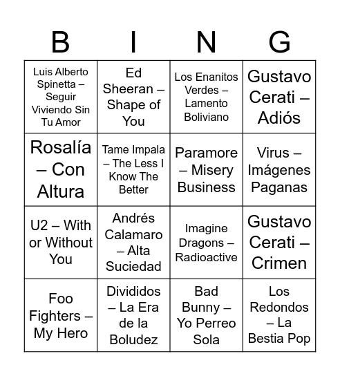 Bingo Musical Bingo Card