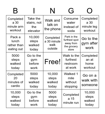 Health Challenge Bingo Card