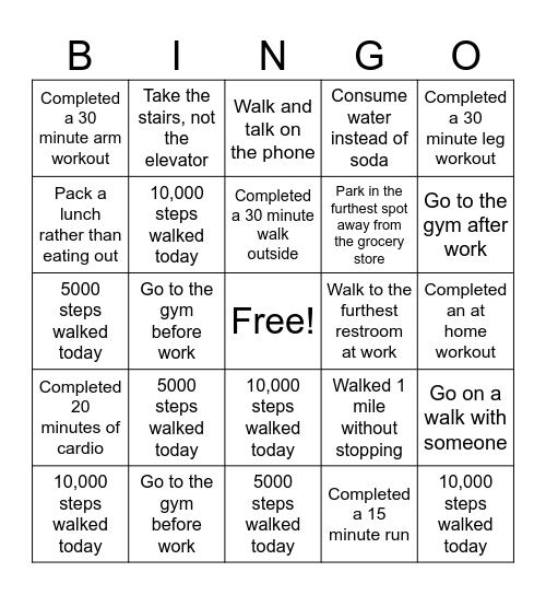 Health Challenge Bingo Card