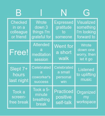 Mental Health Day Bingo Card