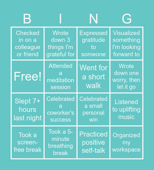 Mental Health Day Bingo Card