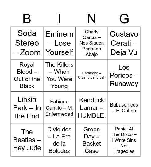 Bingo Musical Bingo Card