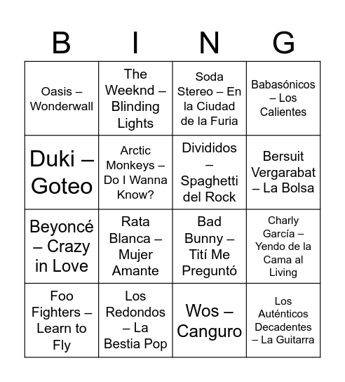 Bingo Musical Bingo Card