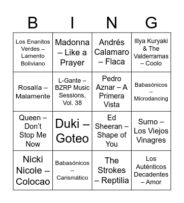 Bingo Musical Bingo Card
