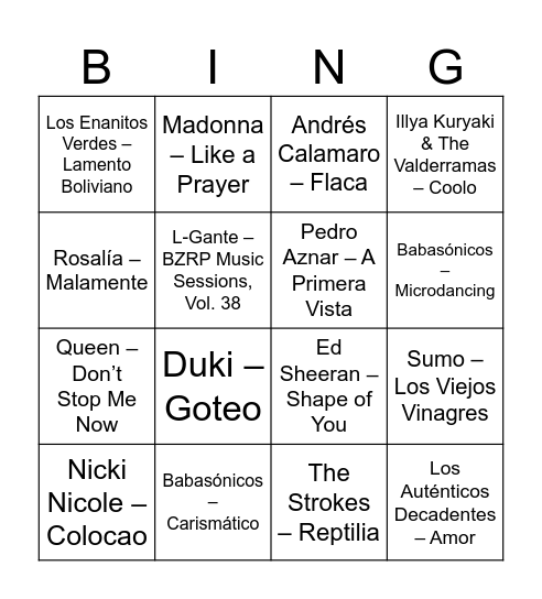 Bingo Musical Bingo Card