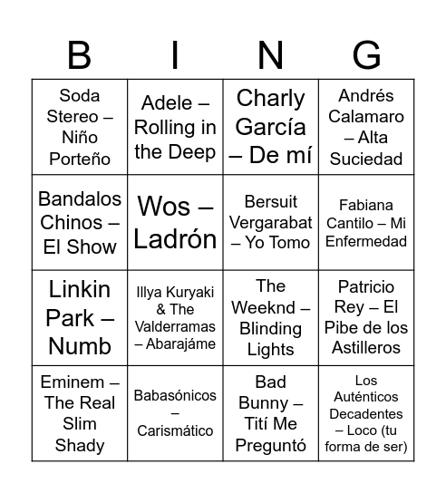 Bingo Musical Bingo Card