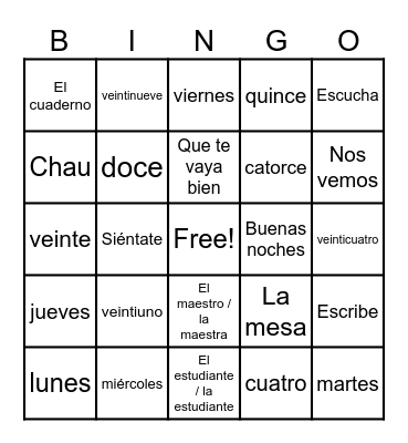 VOCABULARIO UNIDAD 1 Bingo Card