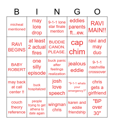 9-1-1 season 9 BINGO!! Bingo Card