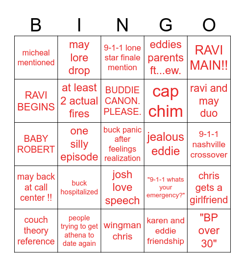 9-1-1 season 9 BINGO!! Bingo Card