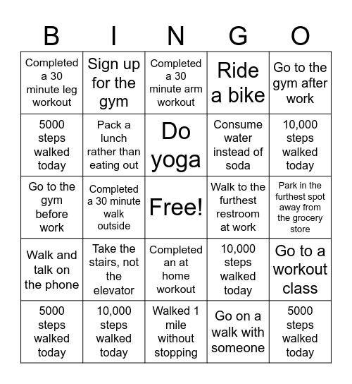 Health Challenge Bingo Card