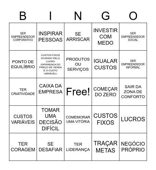 EMPREENDEDORISMO Bingo Card