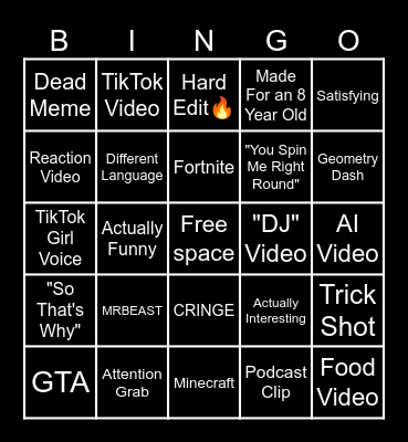 YouTube Shorts Bingo Card