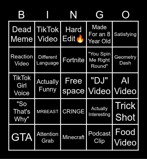 YouTube Shorts Bingo Card