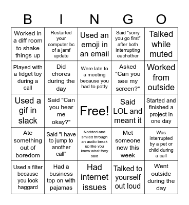 Remote work bingo Card