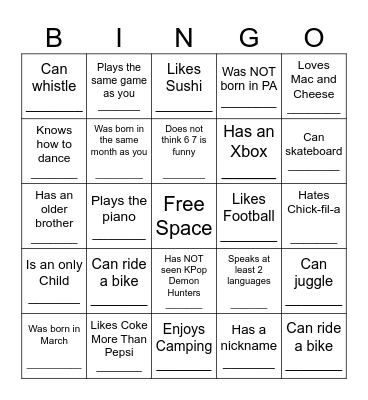 YOUTH HUMAN BINGO Card