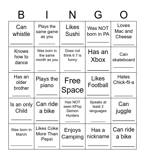 YOUTH HUMAN BINGO Card
