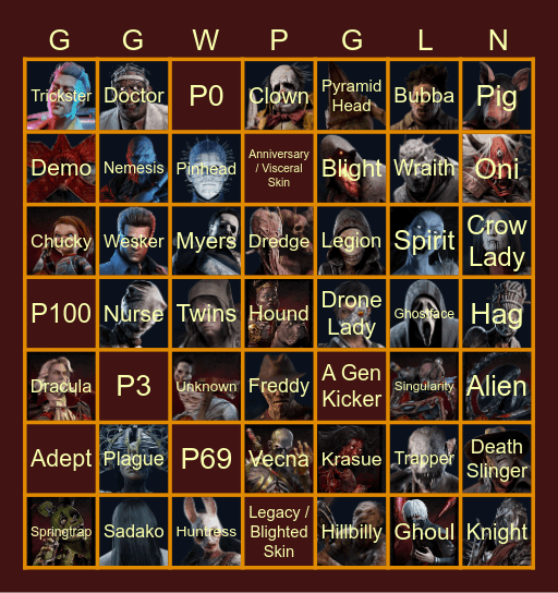 KiazRell's Twitch Stream Dead by Daylight Killer Bingo Card