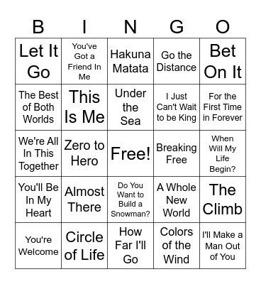 Disney Song BINGO Card