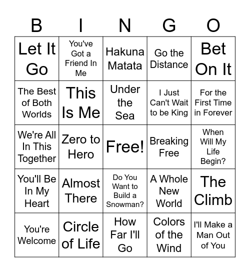 Disney Song BINGO Card