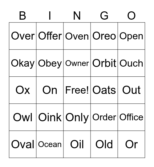 Letter O Bingo Card