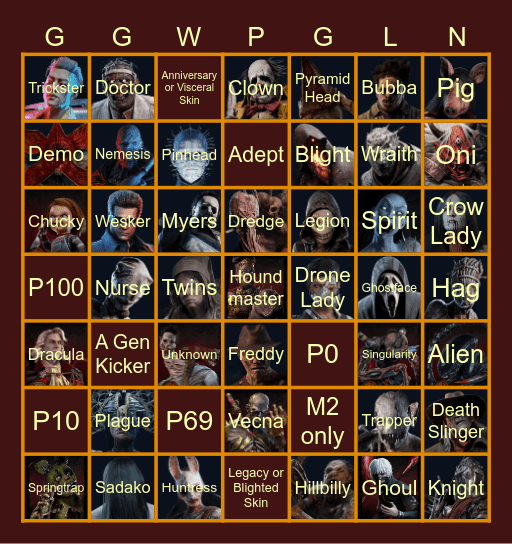 KiazRell's Twitch Stream Dead by Daylight Killer Bingo Card