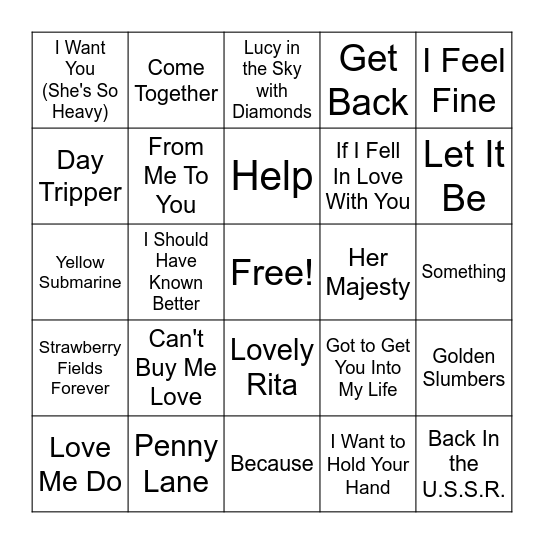 The Beatles Bingo Card