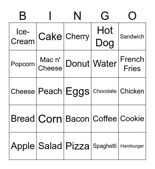 ASL Foods Bingo Card