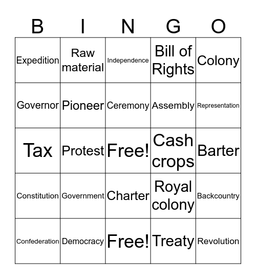 Settlements and Colonies Vocabulary Review Bingo Card