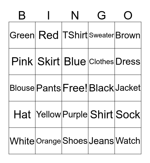 Clothing  Bingo Card