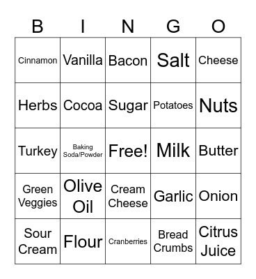Holiday Recipes Bingo Card