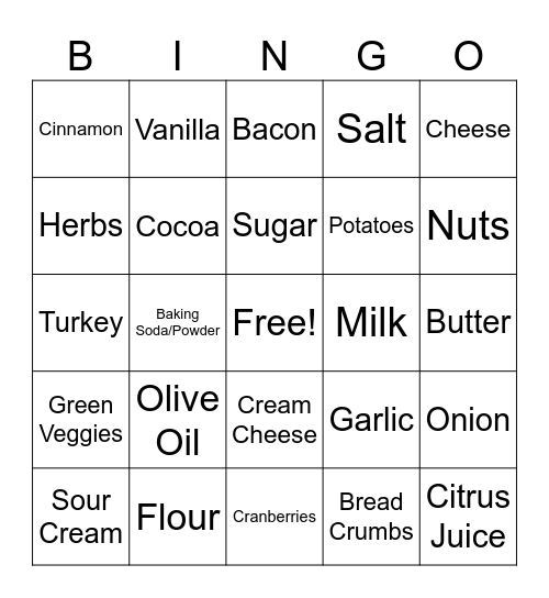 Holiday Recipes Bingo Card