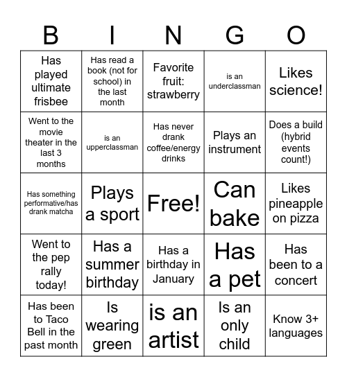 Find a person for each box! Bingo Card