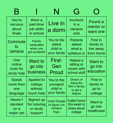 First-Gen Bingo Card