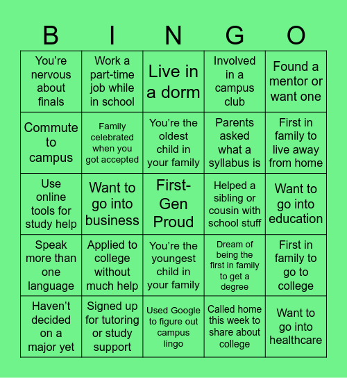 First-Gen Bingo Card
