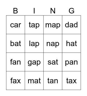 Short A CVC BINGO Card