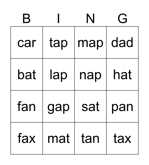 Short A CVC BINGO Card