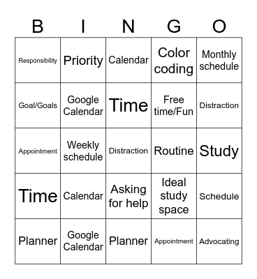 Study Skills Bingo Card