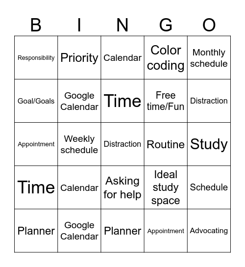 Study Skills Bingo Card