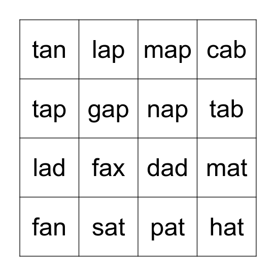 Short A CVC BINGO Card