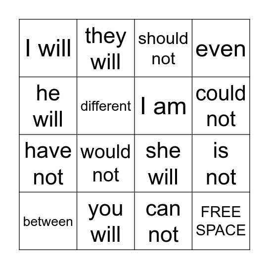 Contraction Bingo Card