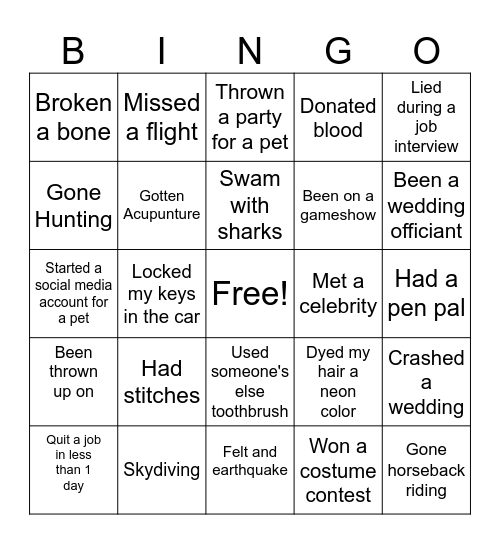 Never have I ever Bingo Card