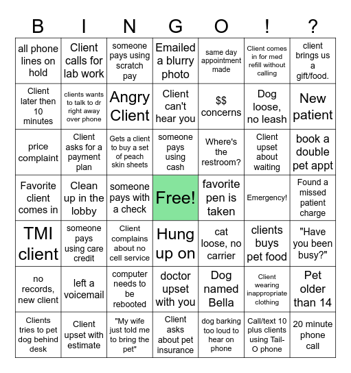 Veterinary Reception Bino Bingo Card