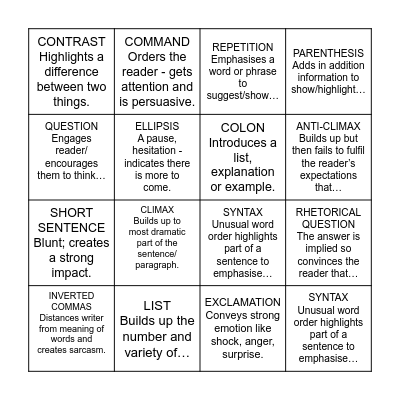 Sentence Structure Bingo Card