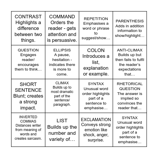 Sentence Structure Bingo Card