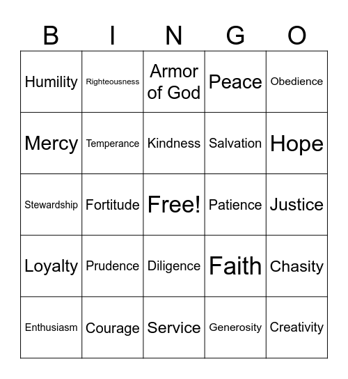 Virtue Bingo Card