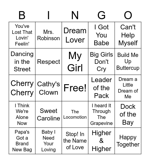 60's Hits Music Bingo Card