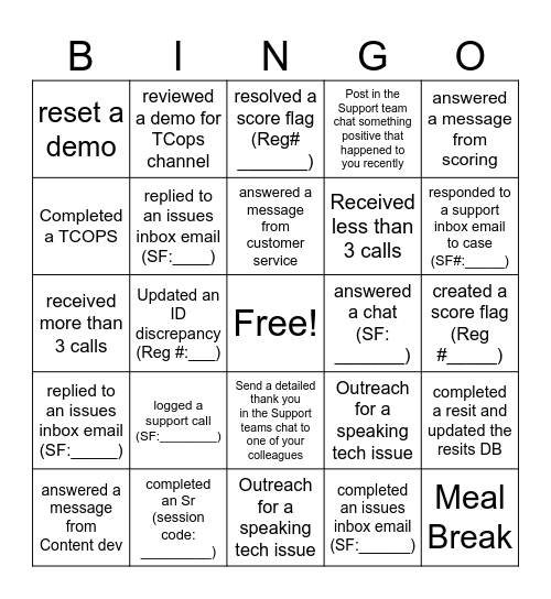Support Team Bingo Card