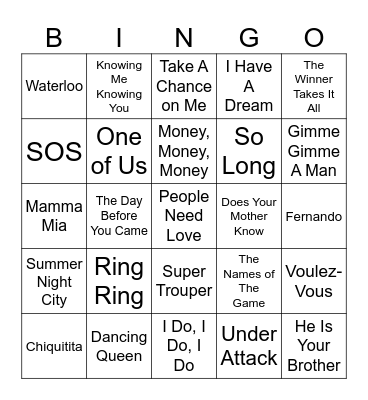 ABBA 3 Music Bingo Card